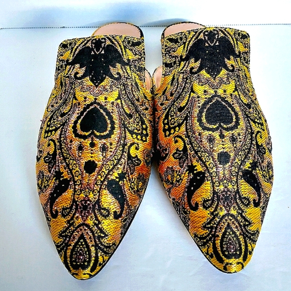 Excellent Used Pair J. Crew Marina Marigold/Black Brocade Pointed Toe Flat Mule - Picture 5 of 14